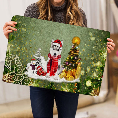 Husky Welcome Doormat, Husky Sibir Dog Merry Christmas Snow Christmas Tree Xmas Holiday Welcome Doormat, Pets Home Decor Door Mat