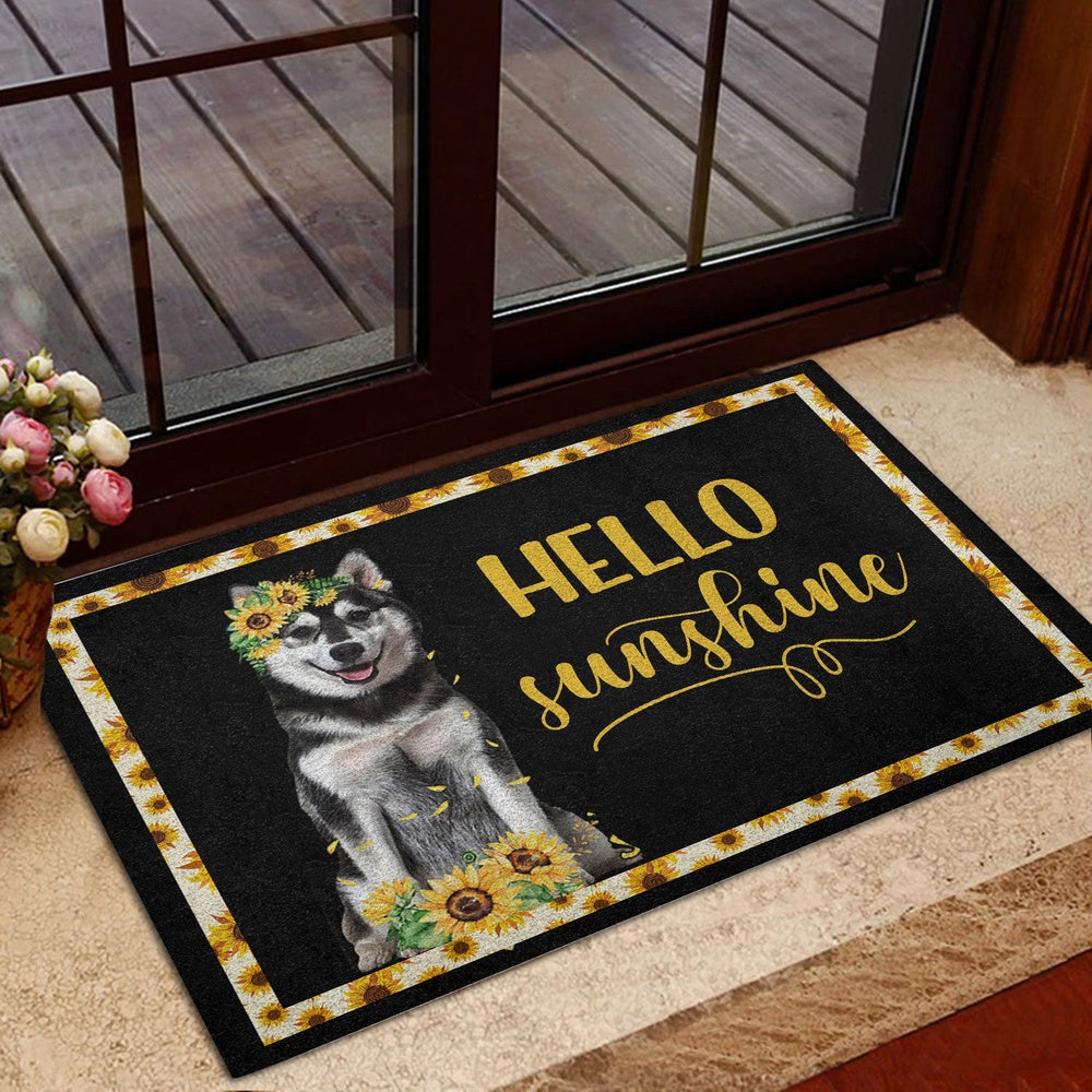 Husky Welcome Doormat, Husky Sibir Hello Sunflower Floral For Dog Lover Black Welcome Doormat, Pets Home Decor Door Mat
