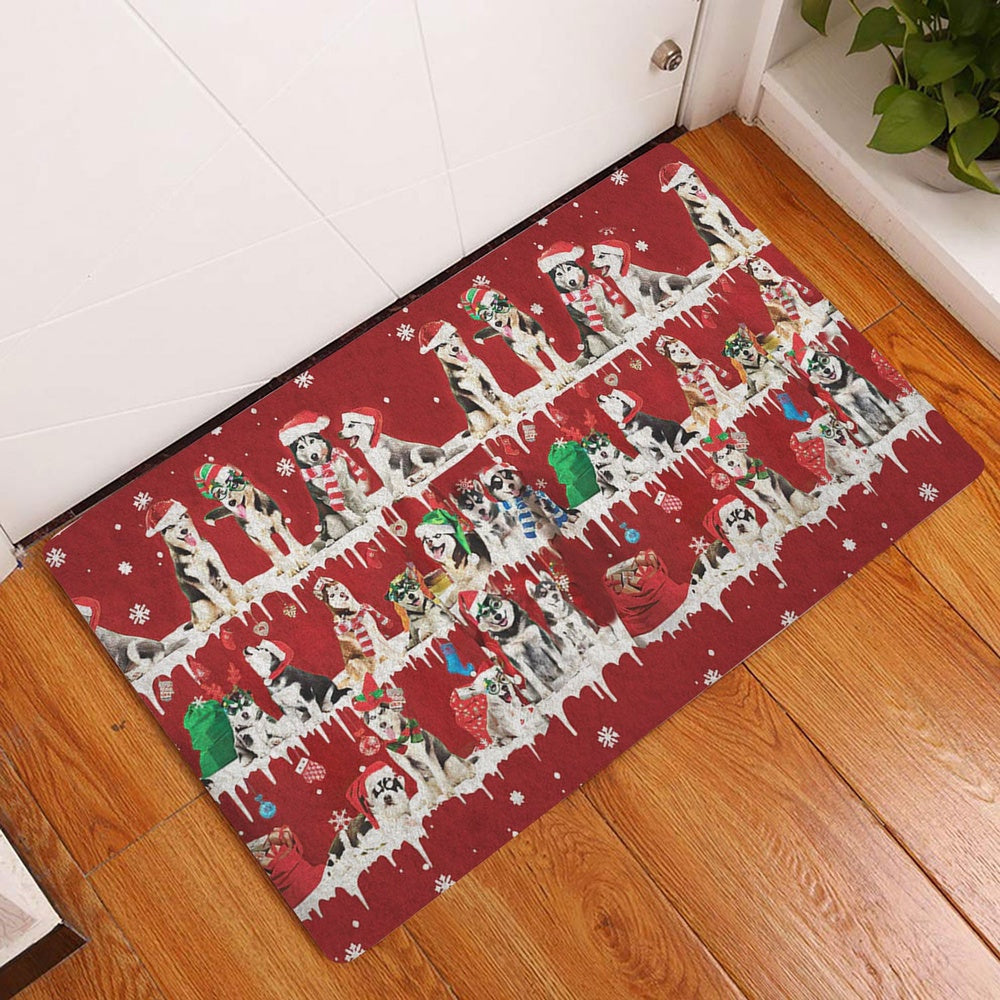 Husky Welcome Doormat, Husky Sibir Merry Christmas Snowflake Christmas Tree Welcome Doormat, Pets Home Decor Door Mat