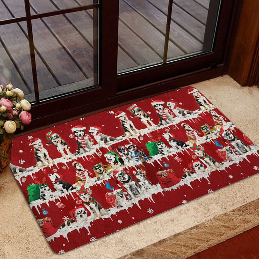 Husky Welcome Doormat, Husky Sibir Merry Christmas Snowflake Christmas Tree Welcome Doormat, Pets Home Decor Door Mat