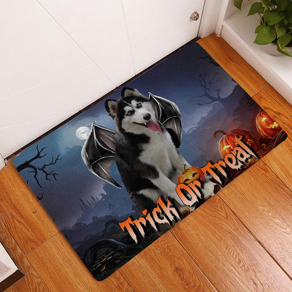 Husky Welcome Doormat, Husky Sibir Trick Or Treat Boo Halloween Moon Night Pumpkin Welcome Doormat, Pets Home Decor Door Mat
