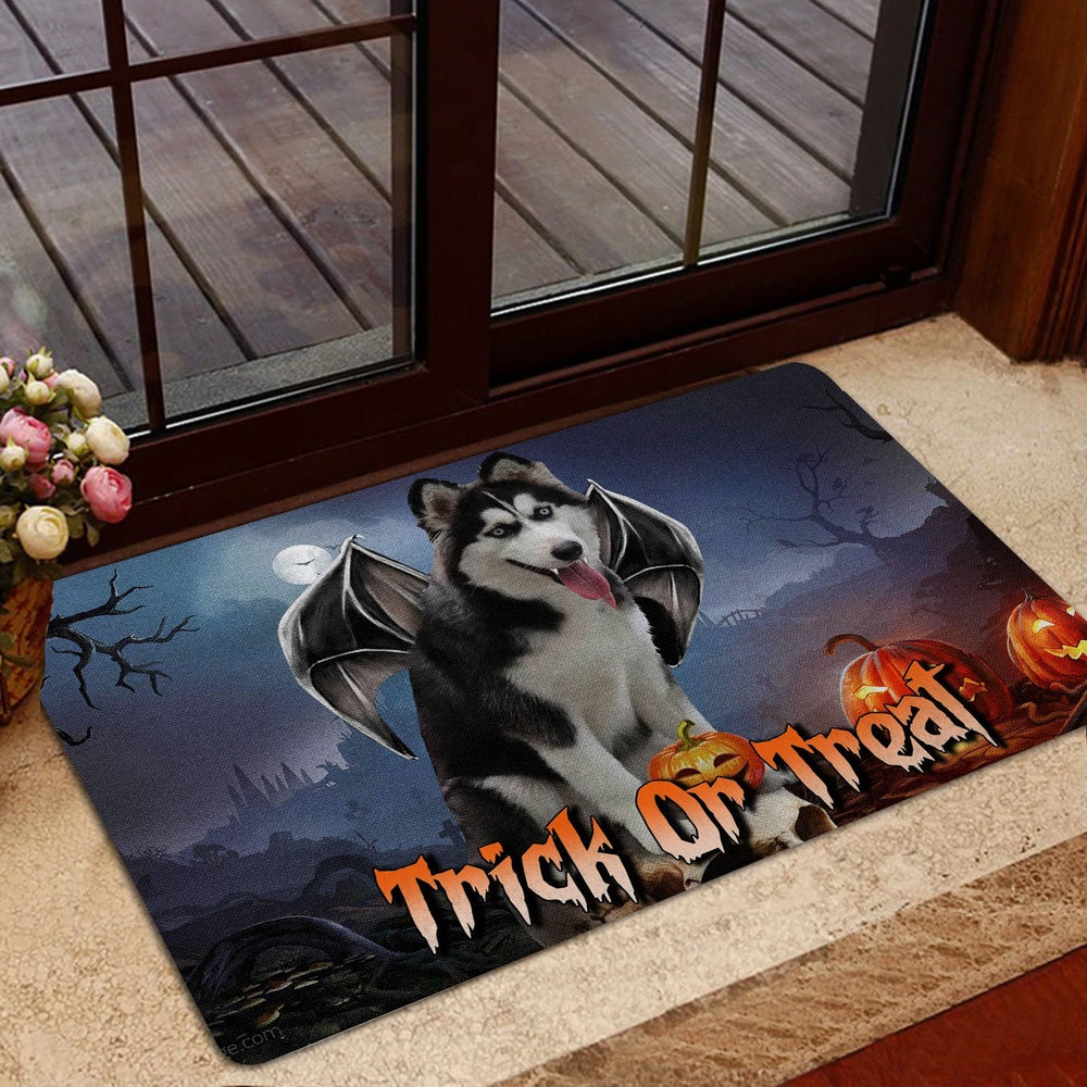 Husky Welcome Doormat, Husky Sibir Trick Or Treat Boo Halloween Moon Night Pumpkin Welcome Doormat, Pets Home Decor Door Mat