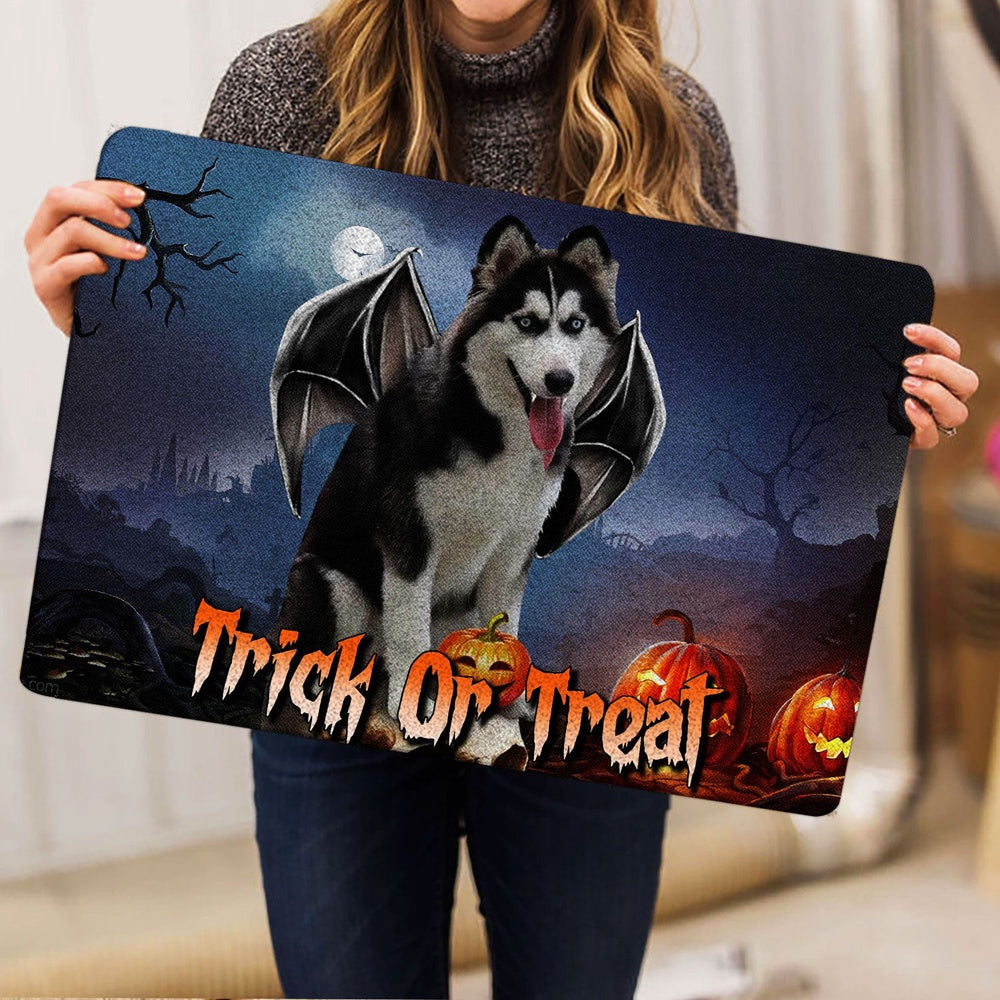 Husky Welcome Doormat, Husky Sibir Trick Or Treat Boo Halloween Moon Night Pumpkin Welcome Doormat, Pets Home Decor Door Mat
