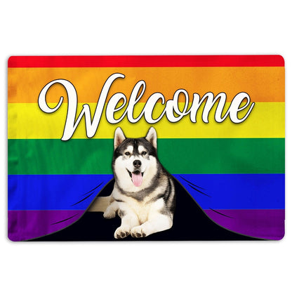 Husky Welcome Doormat, LGBT Husky Sibir Dog Welcome Pride Rainbow Flag Welcome Doormat, Pets Home Decor Door Mat