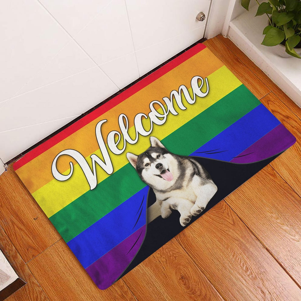 Husky Welcome Doormat, LGBT Husky Sibir Dog Welcome Pride Rainbow Flag Welcome Doormat, Pets Home Decor Door Mat