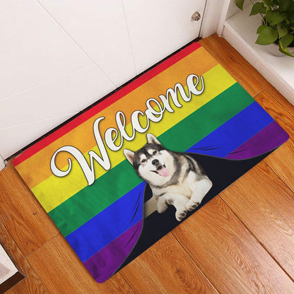 Husky Welcome Doormat, LGBT Husky Sibir Dog Welcome Pride Rainbow Flag Welcome Doormat, Pets Home Decor Door Mat