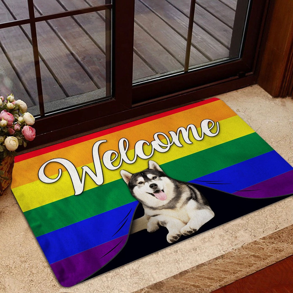 Husky Welcome Doormat, LGBT Husky Sibir Dog Welcome Pride Rainbow Flag Welcome Doormat, Pets Home Decor Door Mat