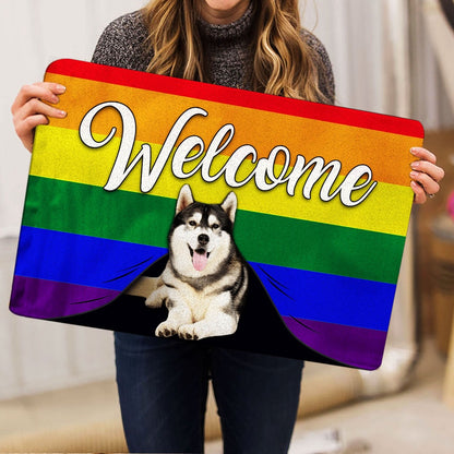 Husky Welcome Doormat, LGBT Husky Sibir Dog Welcome Pride Rainbow Flag Welcome Doormat, Pets Home Decor Door Mat