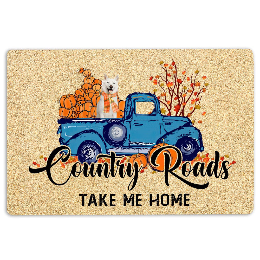 Husky Welcome Doormat, Siberian Husky Dog Country Road Take Me Home Fall Pumpkins Welcome Doormat, Pets Home Decor Door Mat