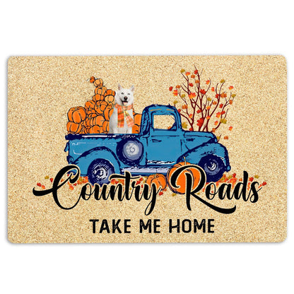 Husky Welcome Doormat, Siberian Husky Dog Country Road Take Me Home Fall Pumpkins Welcome Doormat, Pets Home Decor Door Mat