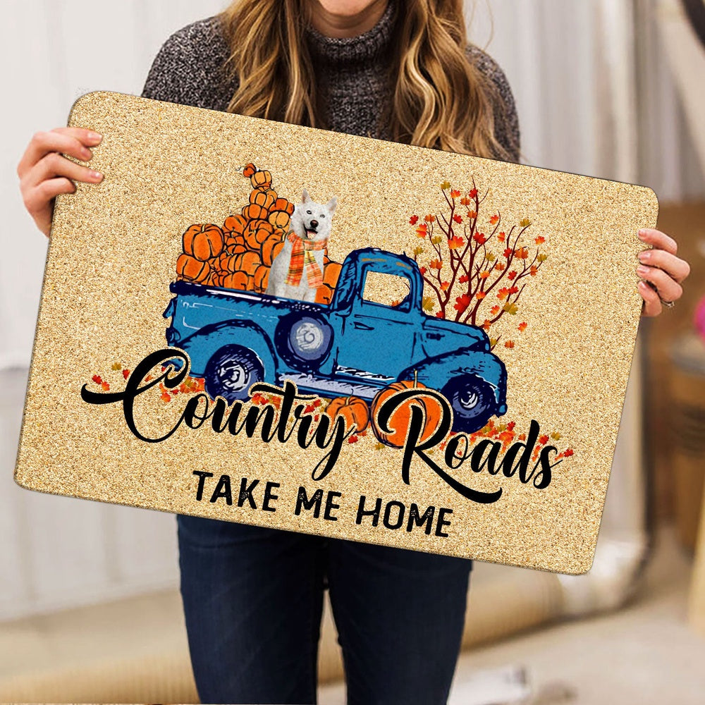 Husky Welcome Doormat, Siberian Husky Dog Country Road Take Me Home Fall Pumpkins Welcome Doormat, Pets Home Decor Door Mat