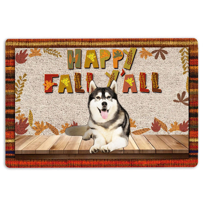 Husky Welcome Doormat, Siberian Husky Dog Happy Fall Y'all Pumpkin Spice Maple Leaf Welcome Doormat, Pets Home Decor Door Mat