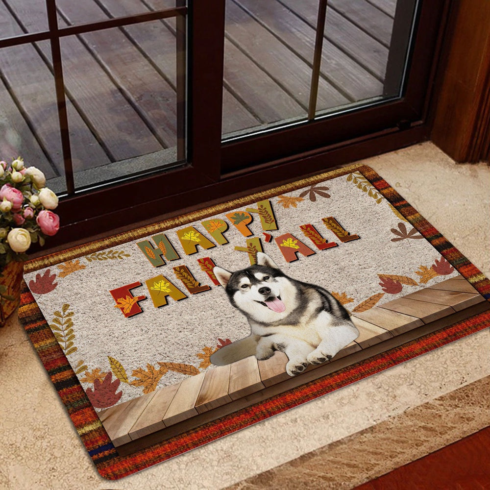 Husky Welcome Doormat, Siberian Husky Dog Happy Fall Y'all Pumpkin Spice Maple Leaf Welcome Doormat, Pets Home Decor Door Mat