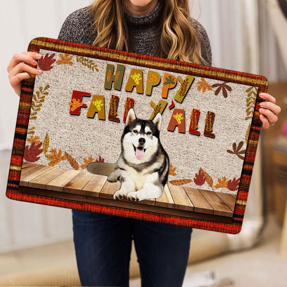 Husky Welcome Doormat, Siberian Husky Dog Happy Fall Y'all Pumpkin Spice Maple Leaf Welcome Doormat, Pets Home Decor Door Mat
