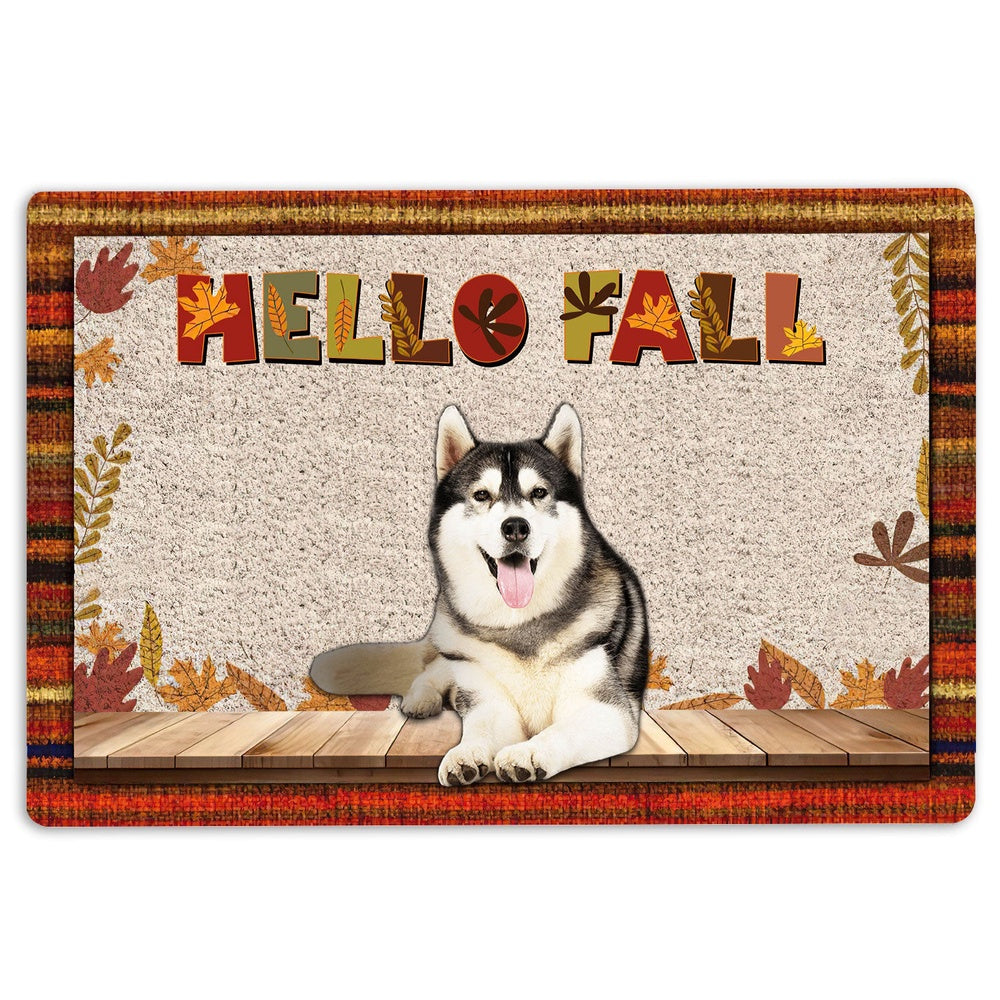 Husky Welcome Doormat, Siberian Husky Dog Hello Fall Pumpkin Spice Maple Leaf Autumn Welcome Doormat, Pets Home Decor Door Mat