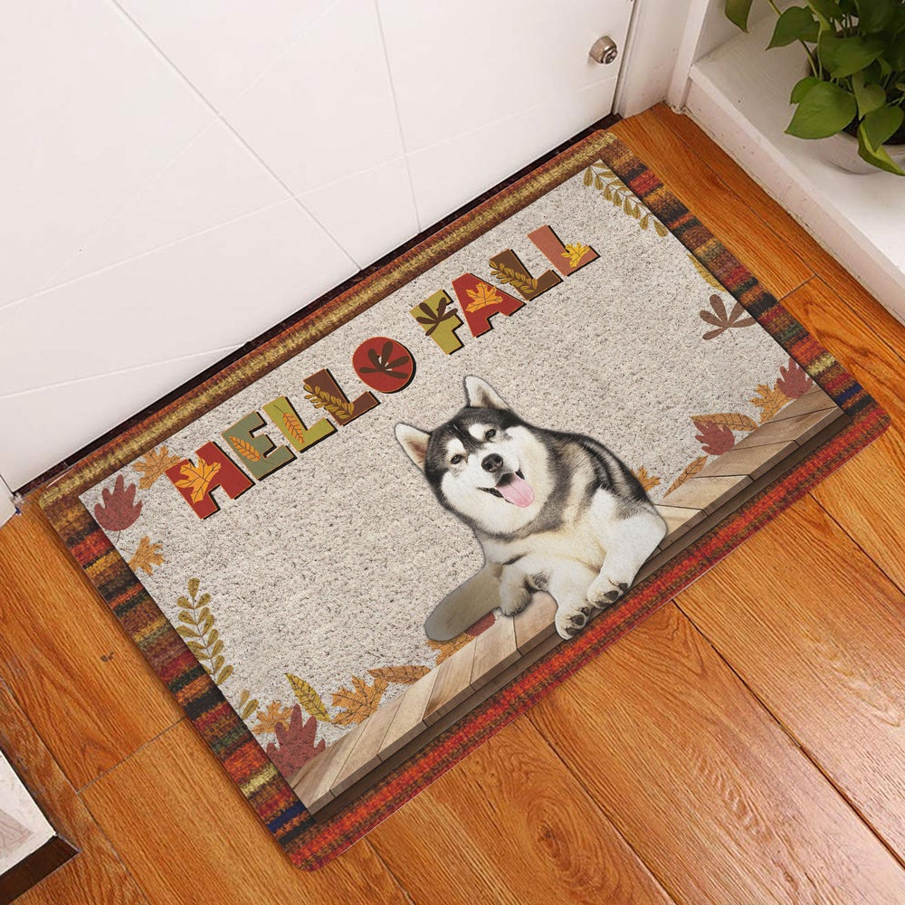 Husky Welcome Doormat, Siberian Husky Dog Hello Fall Pumpkin Spice Maple Leaf Autumn Welcome Doormat, Pets Home Decor Door Mat