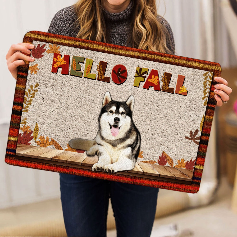 Husky Welcome Doormat, Siberian Husky Dog Hello Fall Pumpkin Spice Maple Leaf Autumn Welcome Doormat, Pets Home Decor Door Mat