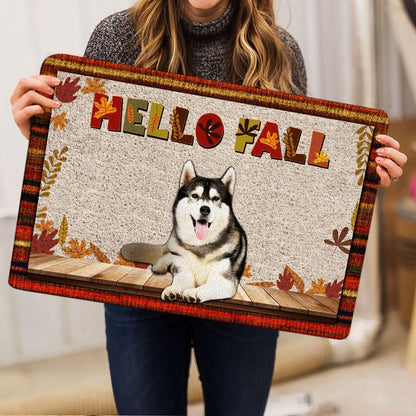 Husky Welcome Doormat, Siberian Husky Dog Hello Fall Pumpkin Spice Maple Leaf Autumn Welcome Doormat, Pets Home Decor Door Mat