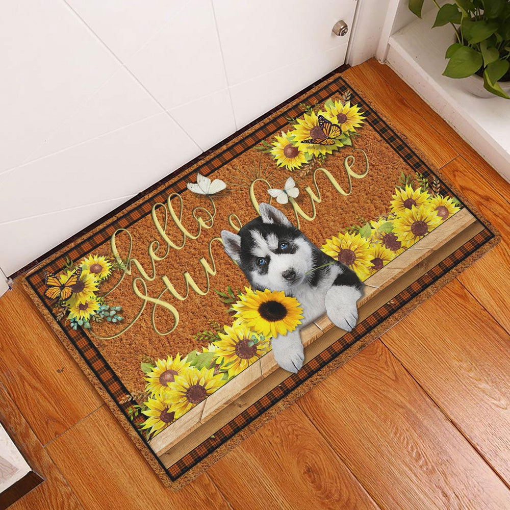 Husky Welcome Doormat, Siberian Husky Dog Hello Sunflower Butterfly Welcome Doormat, Pets Home Decor Door Mat