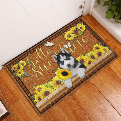 Husky Welcome Doormat, Siberian Husky Dog Hello Sunflower Butterfly Welcome Doormat, Pets Home Decor Door Mat