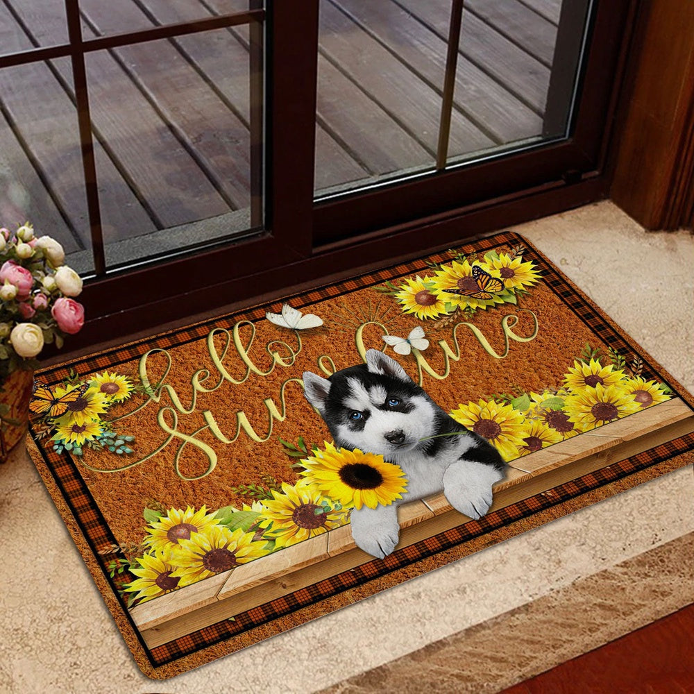 Husky Welcome Doormat, Siberian Husky Dog Hello Sunflower Butterfly Welcome Doormat, Pets Home Decor Door Mat