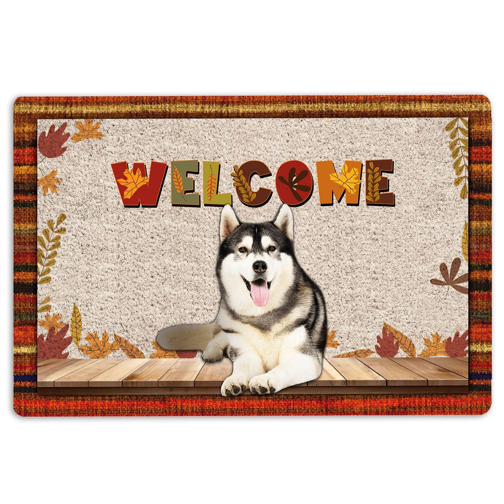 Husky Welcome Doormat, Siberian Husky Dog Welcome Fall Autumn Pumpkin Spice Maple Leaf Welcome Doormat, Pets Home Decor Door Mat