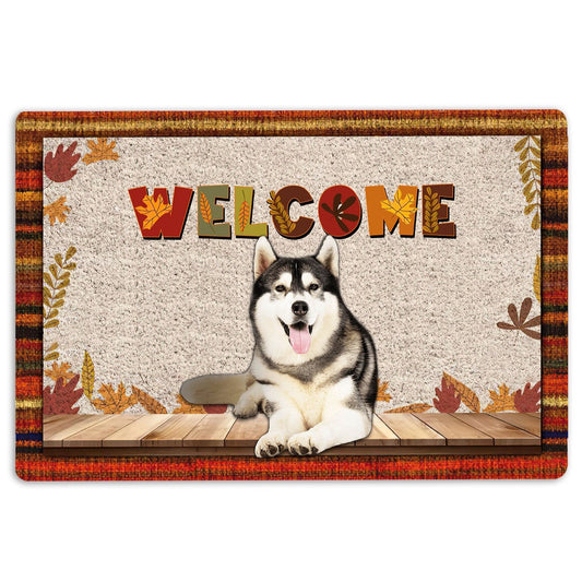 Husky Welcome Doormat, Siberian Husky Dog Welcome Fall Autumn Pumpkin Spice Maple Leaf Welcome Doormat, Pets Home Decor Door Mat