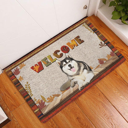 Husky Welcome Doormat, Siberian Husky Dog Welcome Fall Autumn Pumpkin Spice Maple Leaf Welcome Doormat, Pets Home Decor Door Mat