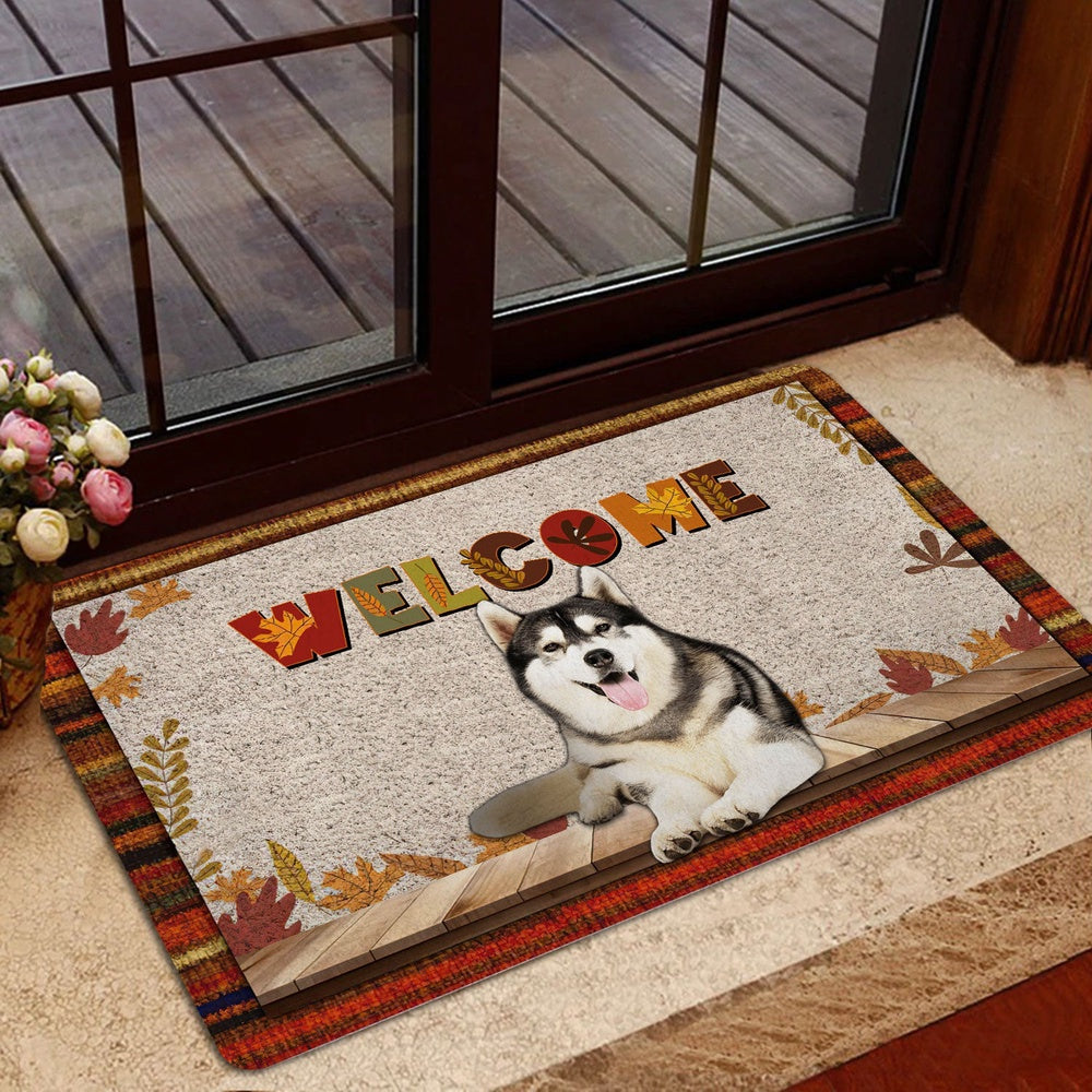 Husky Welcome Doormat, Siberian Husky Dog Welcome Fall Autumn Pumpkin Spice Maple Leaf Welcome Doormat, Pets Home Decor Door Mat
