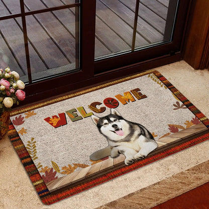 Husky Welcome Doormat, Siberian Husky Dog Welcome Fall Autumn Pumpkin Spice Maple Leaf Welcome Doormat, Pets Home Decor Door Mat