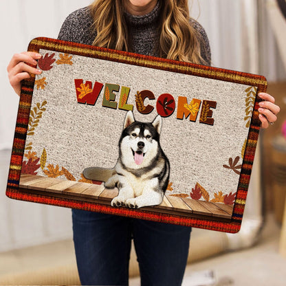 Husky Welcome Doormat, Siberian Husky Dog Welcome Fall Autumn Pumpkin Spice Maple Leaf Welcome Doormat, Pets Home Decor Door Mat