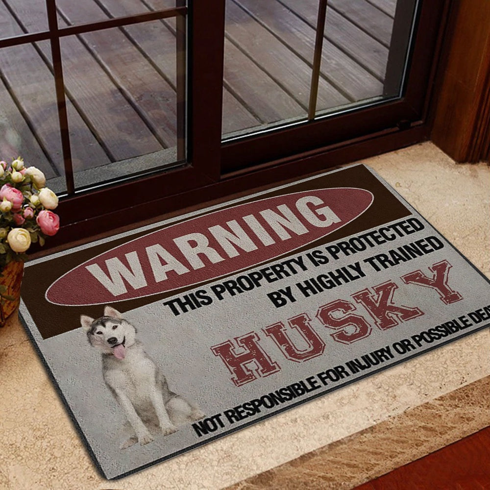 Husky Welcome Doormat, Warning This Property is Protected by a Highly Trained Husky Dog Welcome Doormat, Pets Home Decor Door Mat