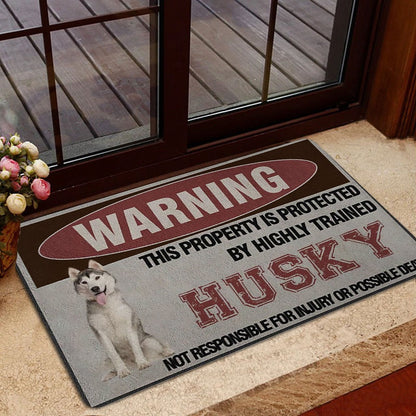 Husky Welcome Doormat, Warning This Property is Protected by a Highly Trained Husky Dog Welcome Doormat, Pets Home Decor Door Mat