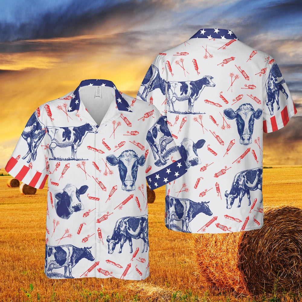 INDEPENDENCE DAY FIRE CRACKER Holstein Friesian cattle PATTERN All Printed Hawaiian Shirt, Farm Hawaiian Shirt, Farmer Hawaii