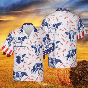 INDEPENDENCE DAY FIRE CRACKER Holstein Friesian cattle PATTERN All Printed Hawaiian Shirt, Farm Hawaiian Shirt, Farmer Hawaii