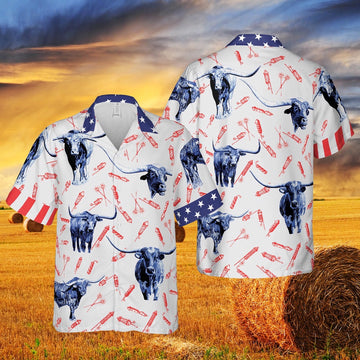 INDEPENDENCE DAY FIRE CRACKER TX-LONGHORN PATTERN All Printed Hawaiian Shirt, Farm Hawaiian Shirt, Farmer Hawaii