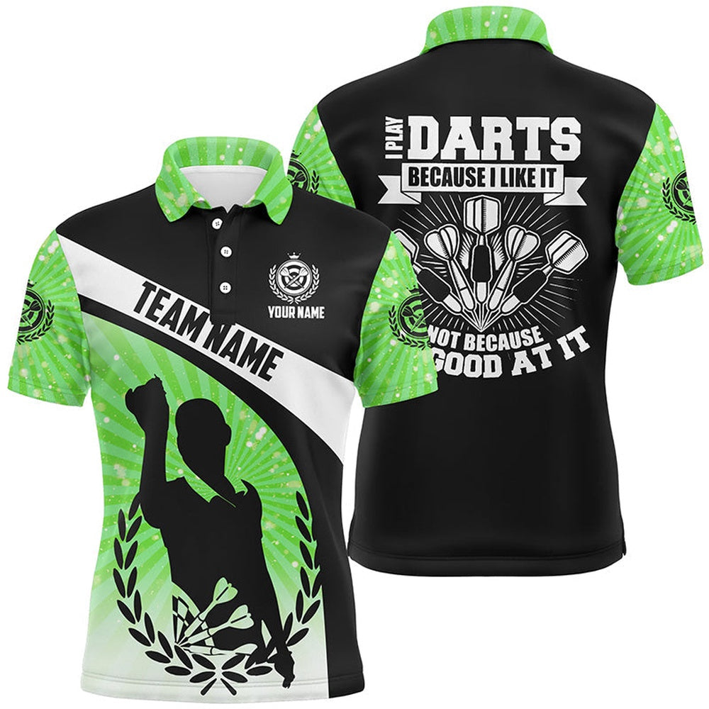 I Play Darts Because I Like It Green Halo Mens Dart Polo Shirt Custom Dart Polo For Men, Darts Team Polo Shirt