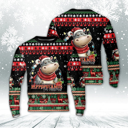I Want a Hippopotamus for Christmas AOP Sweater, Christmas Ugly Sweater, Sweater Xmas, Ugly Sweater
