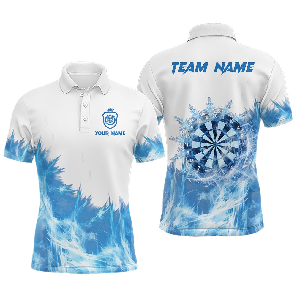 Icy Blue White Mens Darts Polo Shirt Customized Darts Shirt For Men Darts Team Polo, Darts Team Polo Shirt