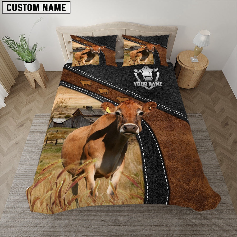 Jersey Black Leather Premium Pattern Customized Name Bedding Set, Farm Bedding Set, Farmhouse Bedding Set