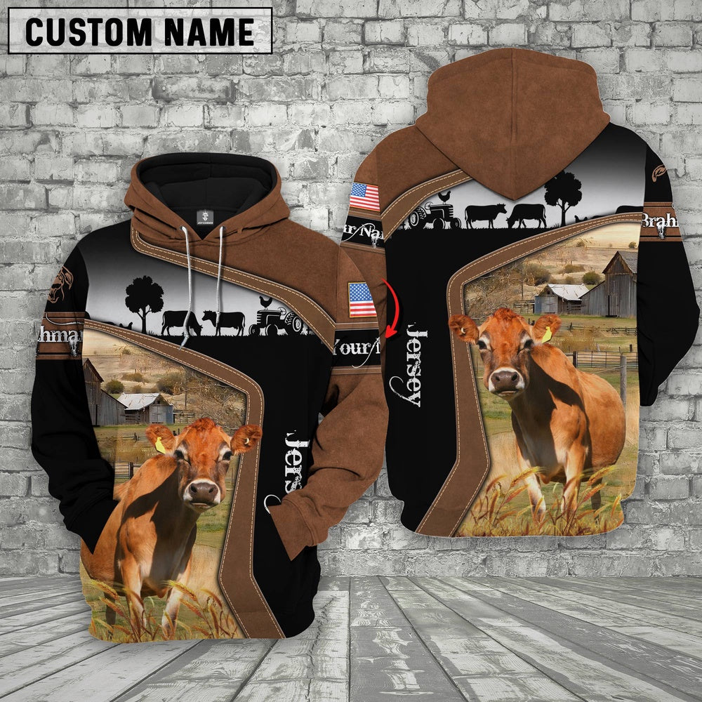Jersey Cattle Brown Leather Pattern Custom Name Shirts, Farmer Hoodie, Custom Farm Shirts, Farmer T Shirt