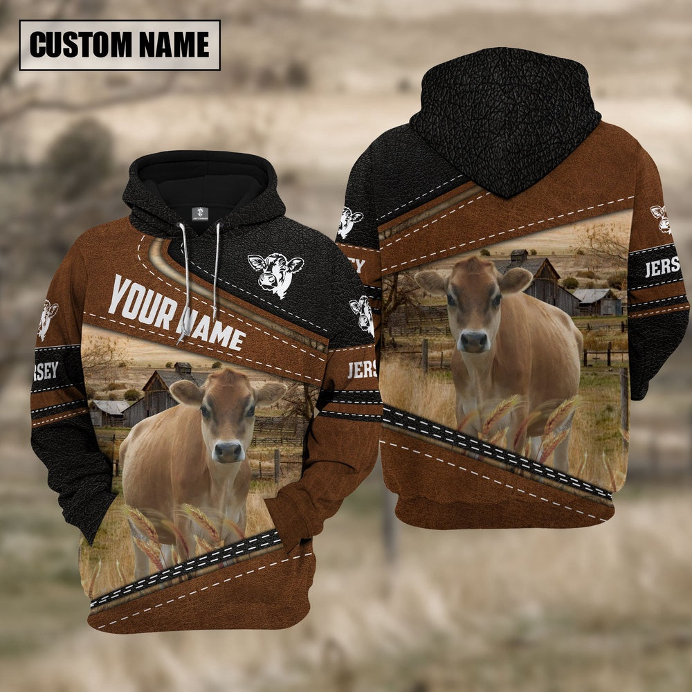 Jersey Cattle Leather Pattern Farm Personalized 3D Hoodie, Farmer Hoodie, Custom Farm Shirts, Farmer T Shirt