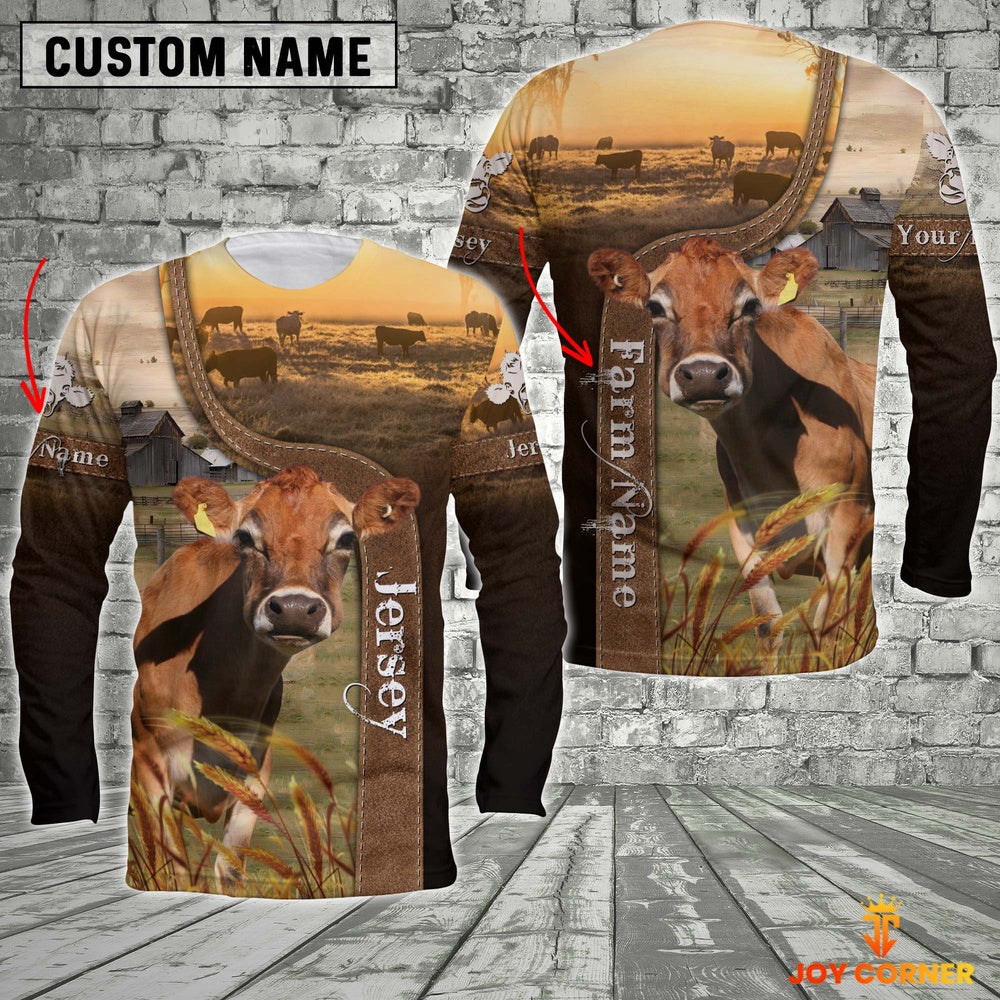 Jersey Cattle On The Farm Customized Name Brown Long Sleeve Shirt, Farmer Hoodie, Custom Farm Shirts, Farmer T Shirt