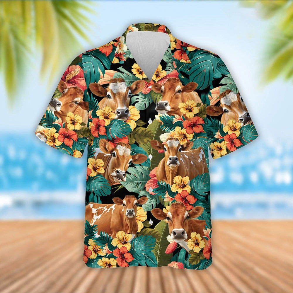 Jersey Cattle Tropical Flowers Hawaiian Shirt, Farm Hawaiian Shirt, Farmer Hawaii