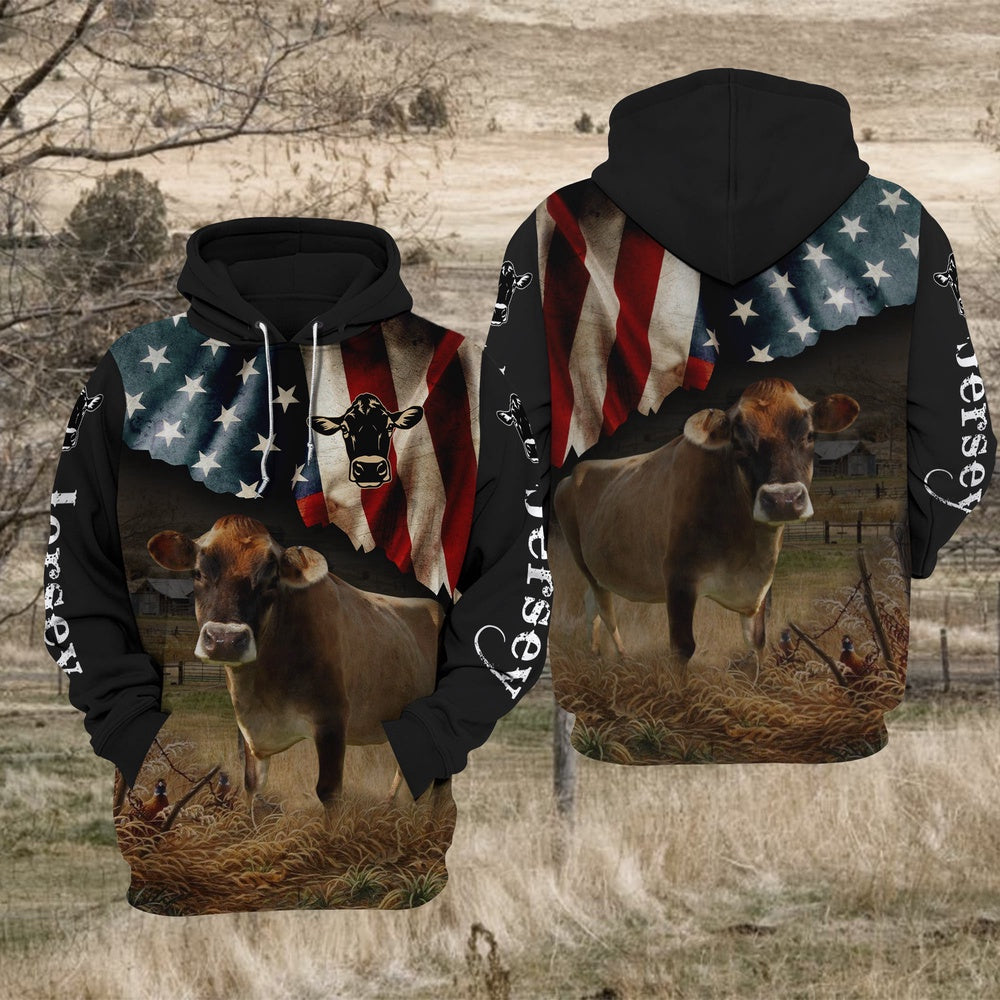 Jersey Cattle US Flag All Over Printed Hoodie TT, Farmer Hoodie, Farm Themed Shirts, Farm Tee Shirts