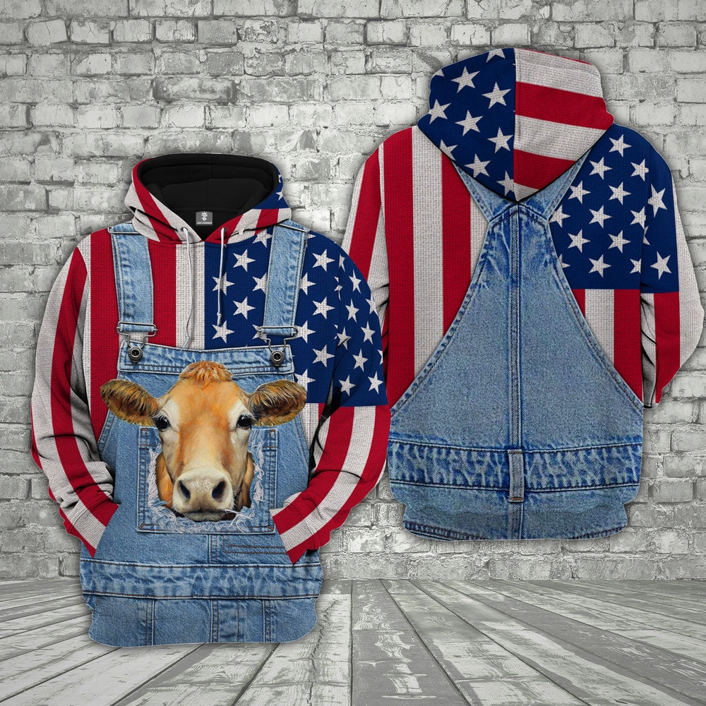 Jersey Cattle US Flag Farm Personalized 3D Hoodie, Farmer Hoodie, Custom Farm Shirts, Farmer T Shirt