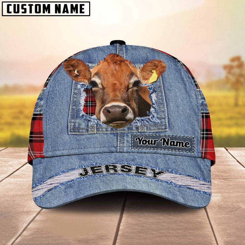 Jersey Overall Jeans Pattern And Red Caro Pattern Customized Name Cap, Farmer Cap, Cap For Farmers, Best Farm Hat, Farm Use Hat
