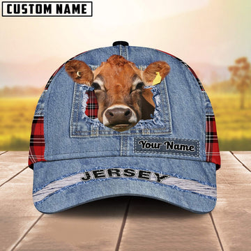 Jersey Overall Jeans Pattern And Red Caro Pattern Customized Name Cap, Farmer Cap, Cap For Farmers, Best Farm Hat, Farm Use Hat