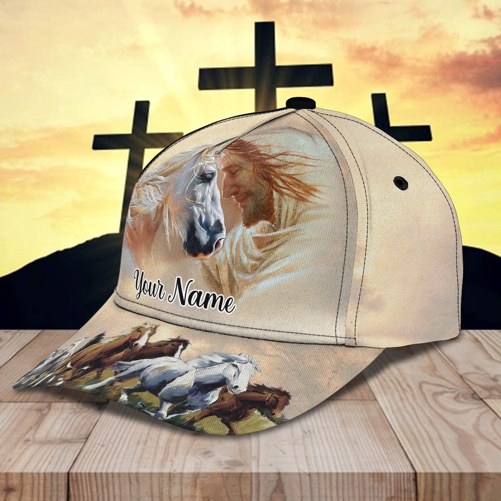 Jesus and Horse Pattern Customized Name Cap, Farmer Cap, Cap For Farmers, Best Farm Hat, Farm Use Hat