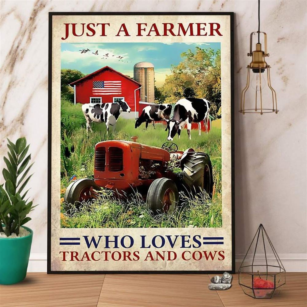 Just A Farmer Who Loves Tractors And Cows Canvas, Farm Canvas, Farm Art Decor